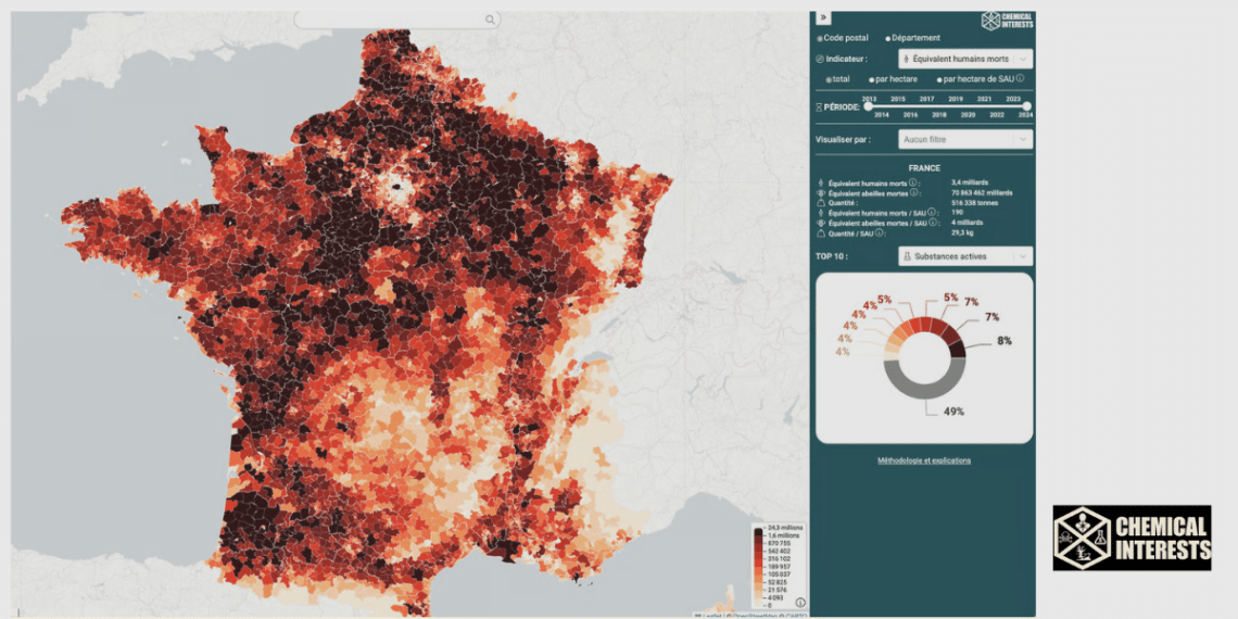 Carte interactive des achats de pesticides de synthèse de 2013 à 2024, par code postal,