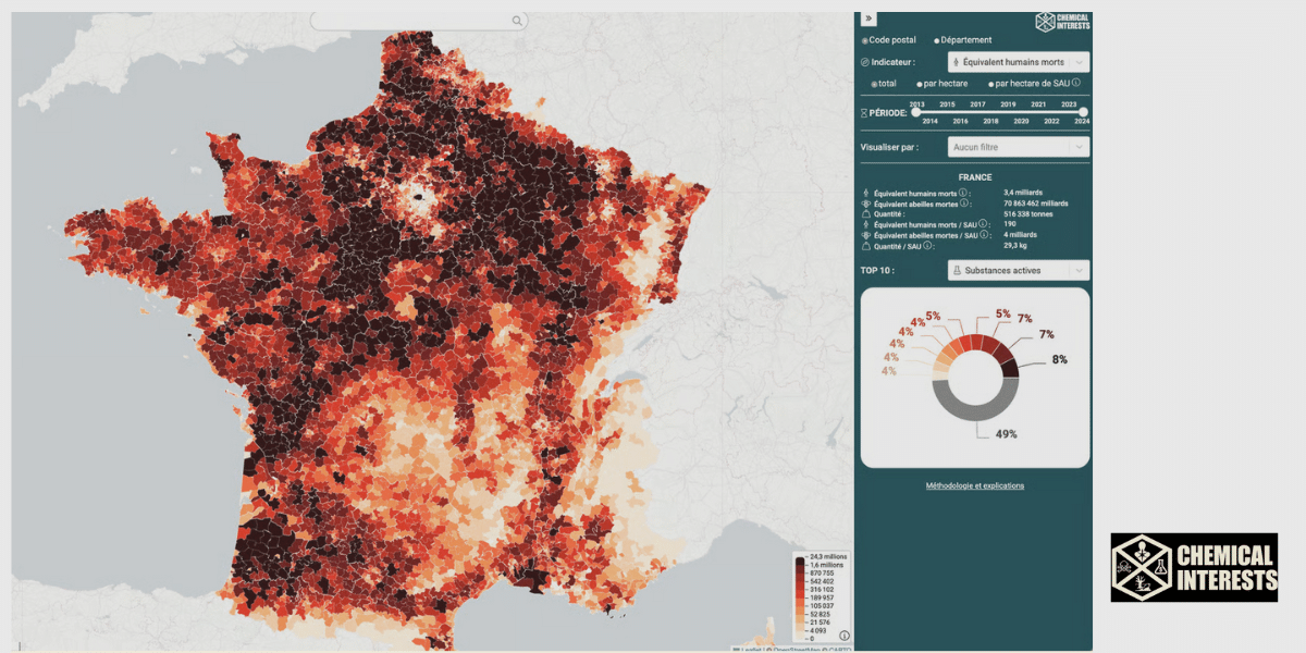 Carte interactive des achats de pesticides de synthèse de 2013 à 2024, par code postal,
